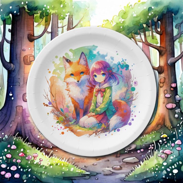 Assiettes En Carton Jolie aquarelle Anime Girl et Fox Anniversaire (Créateur téléchargé)