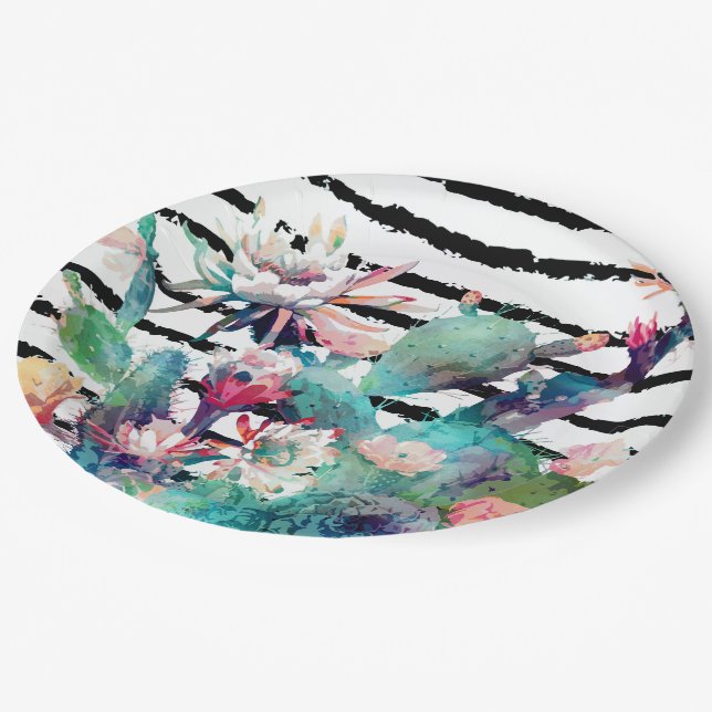 Assiettes En Carton Jolie aquarelle Cactus Floral Black Stripes (Angle)