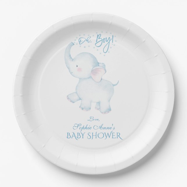 Assiettes En Carton Jolie aquarelle Elephant Oh Baby shower garçon (Devant)