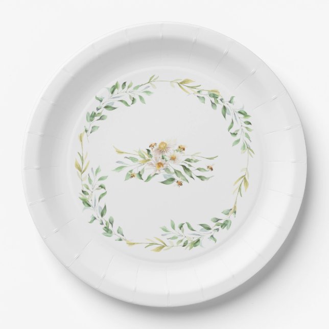 Assiettes En Carton Jolie aquarelle Floral Honeybee Foliage Wreath (Devant)