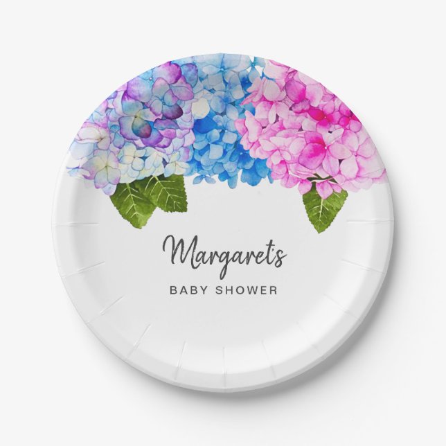 Assiettes En Carton Jolie aquarelle Hydrangea Fleurs | BABY SHOWER (Devant)