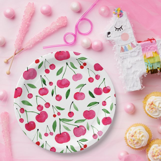 Assiettes En Carton Jolie aquarelle rouge cerises motif (Fête)