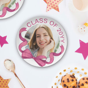 Assiettes En Carton Jolie Bow rose rond photo Année de graduation