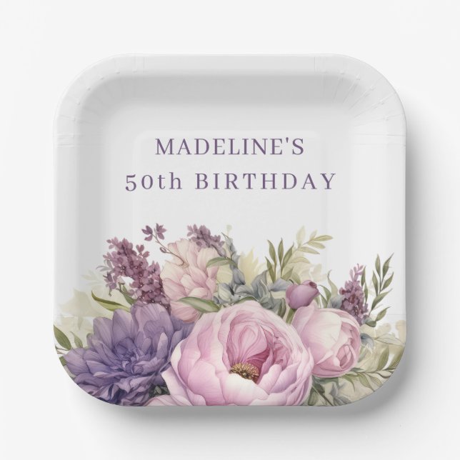 Assiettes En Carton Jolie couleur rose violet Aquarelle florale 50e an (Recto)