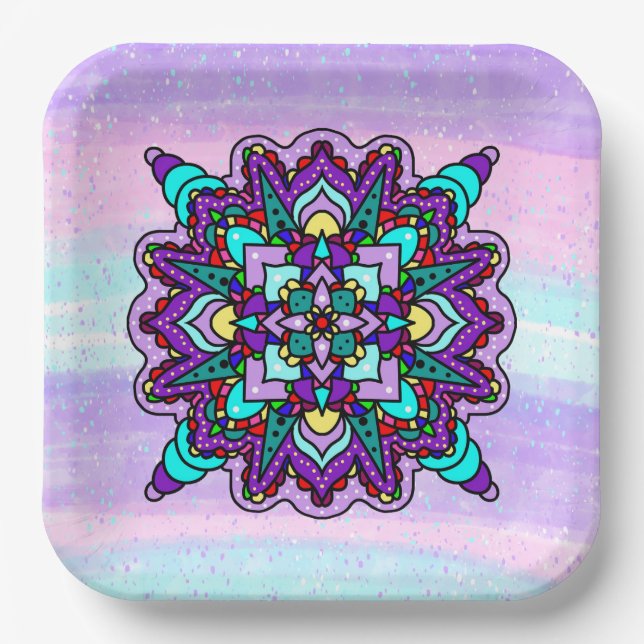 Assiettes En Carton Jolie couleur violet Mandala Mystique (Recto)
