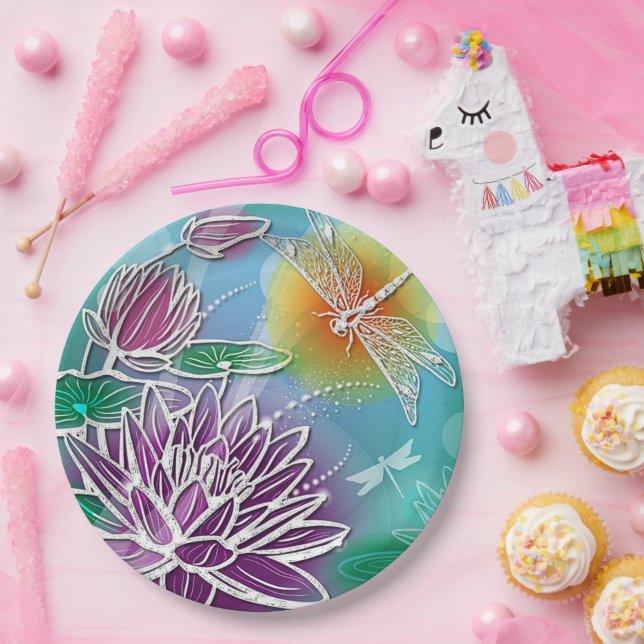 Assiettes En Carton Jolie dragon Voler Jolies Couleurs Été Moderne Flo (Fête)