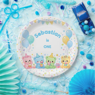 Assiettes En Carton Jolie Fête d'Anniversaire des Oursons au Pastel Bl