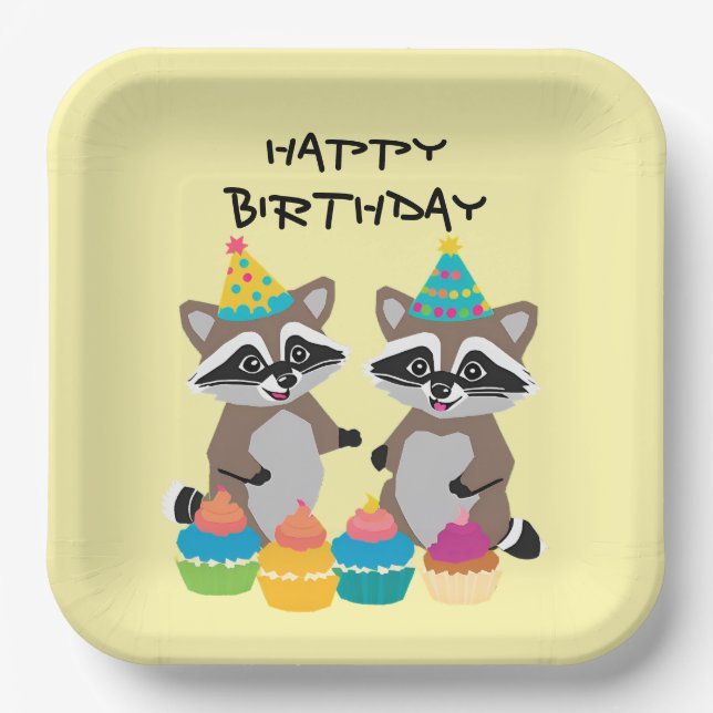 Assiettes En Carton Jolie fête d'anniversaire raccoon jaune clair (Recto)