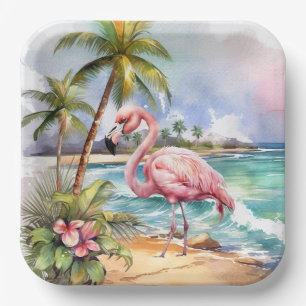 Assiettes En Carton Jolie fête de flamant rose de plage