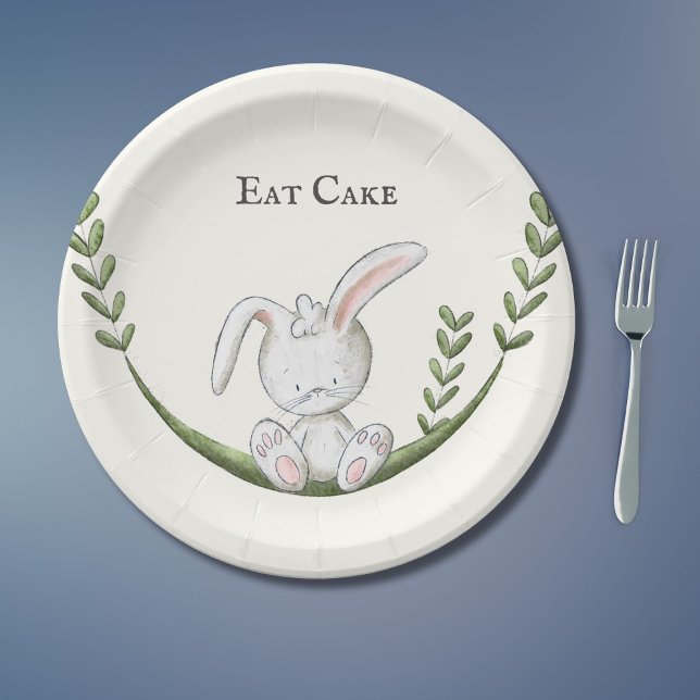 Assiettes En Carton Jolie fête de lapin blanc lapin vert (Créateur téléchargé)
