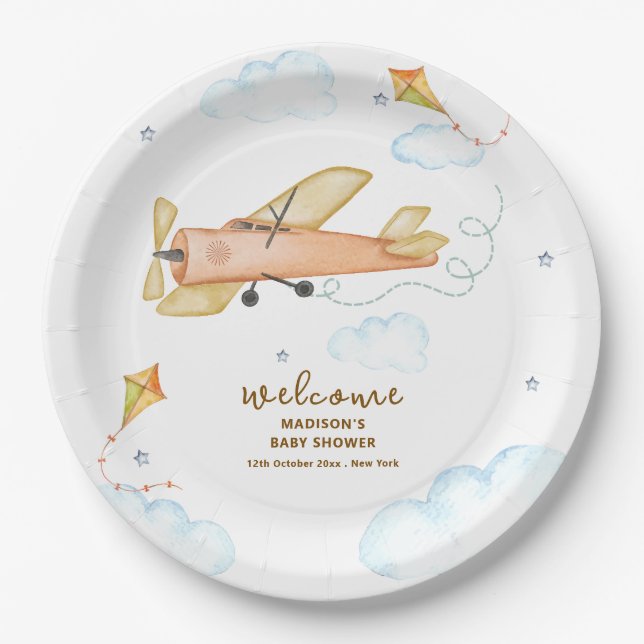 Assiettes En Carton Jolie Fête de Naissance Vintage Aviateur Avion de  (Devant)
