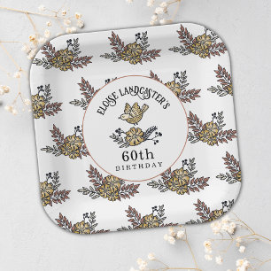 Assiettes En Carton Jolie fête des oiseaux et fleurs 60e anniversaire