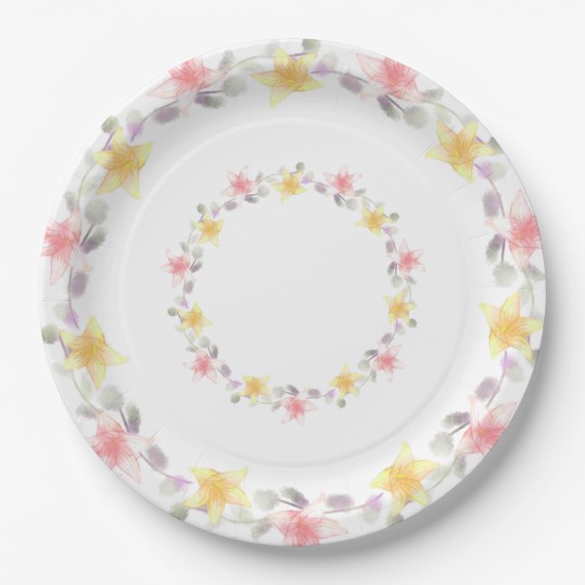 Assiettes En Carton Jolie fête florale rose et jaune (Devant)