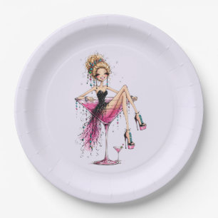 Assiettes En Carton Jolie fille aguicheuse dans un verre à Martini