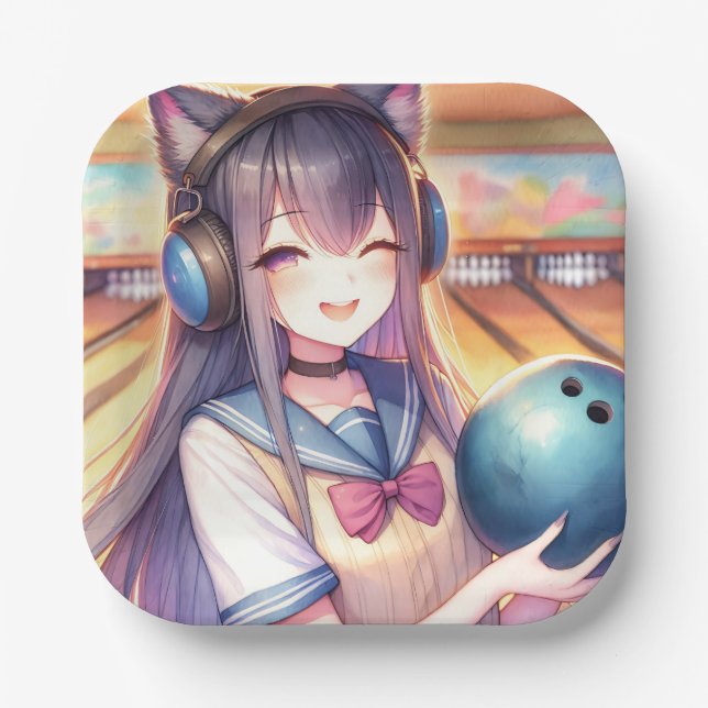 Assiettes En Carton Jolie fille Anime à Bowling fête d'anniversaire (Recto)