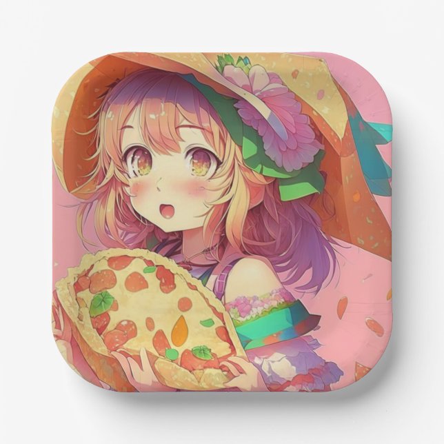 Assiettes En Carton Jolie fille Anime tenant une pizza (Recto)