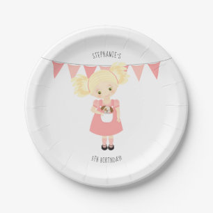 Assiettes En Carton Jolie fille blonde d'anniversaire et chiot