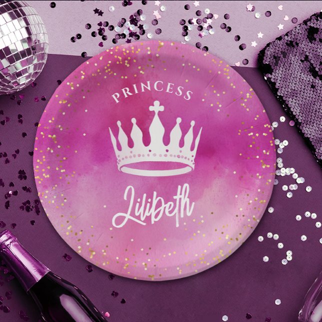 Assiettes En Carton Jolie fille rose princesse Couronne Tiara Aquarell (Créateur téléchargé)
