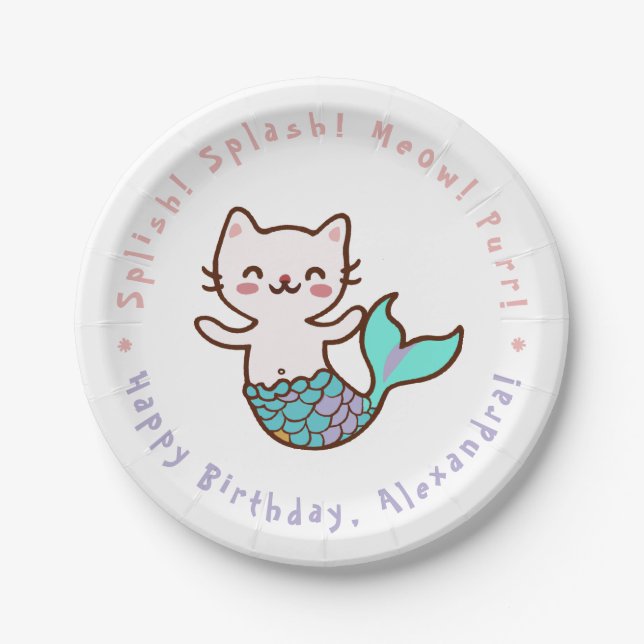 Assiettes En Carton Jolie Fille Sirène Chat Mignonne Anniversaire Meow (Devant)