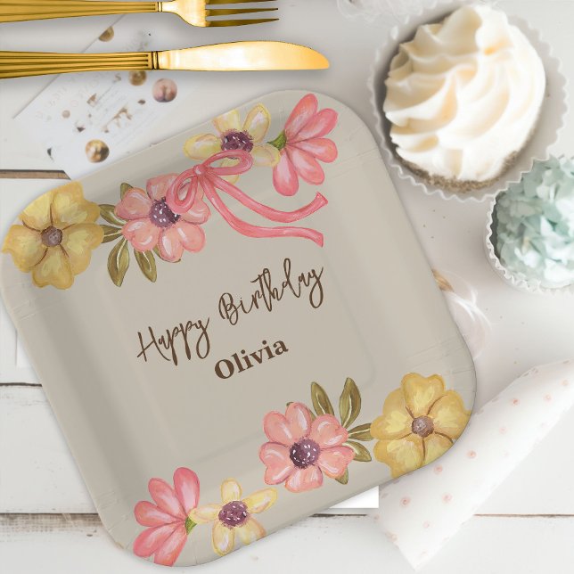 Assiettes En Carton Jolie Florale Jolies Fleurs Bow Rose Anniversaire (Créateur téléchargé)