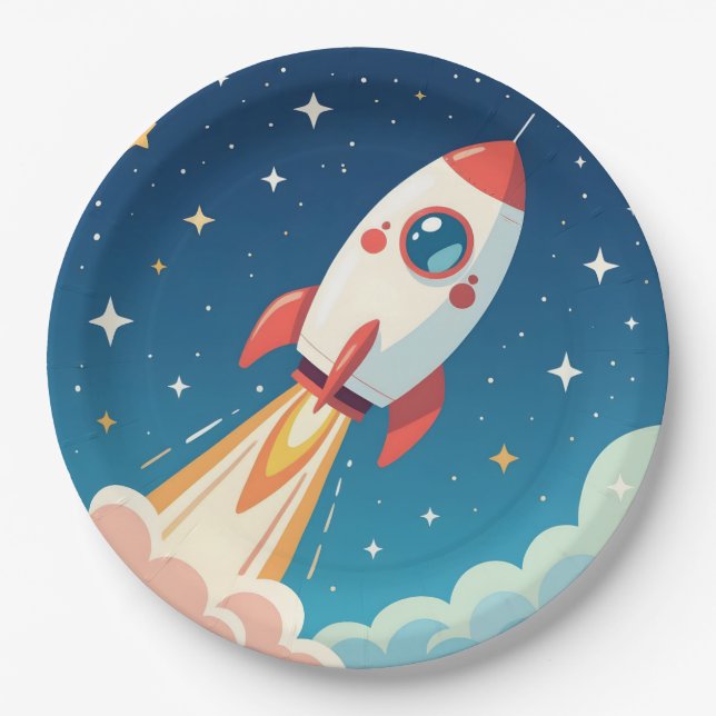 Assiettes En Carton Jolie fusée spatiale qui décolle (Devant)