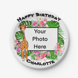 Assiettes En Carton Jolie girafe jolie forêt tropicale fleurie rose