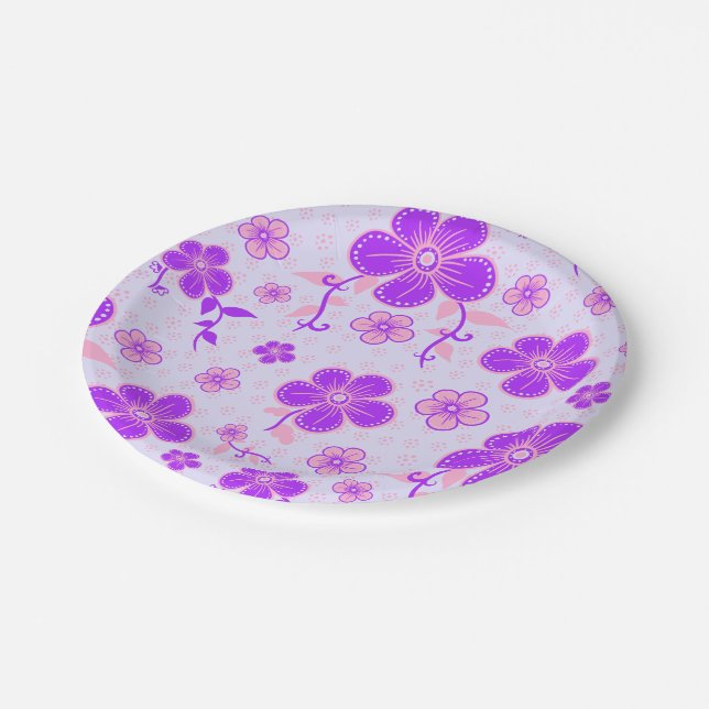 Assiettes En Carton Jolie impression florale violette et rose sur fond (Angle)