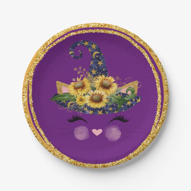 Assiettes En Carton Jolie Kitty sorcière Halloween (Devant)