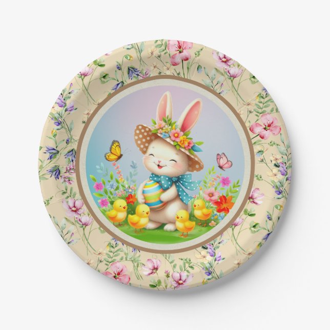 Assiettes En Carton Jolie Lapin de Pâques et joyeux Fleurs de Printemp (Devant)