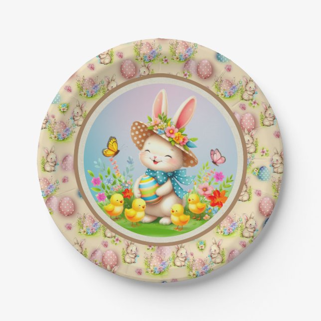 Assiettes En Carton Jolie Lapin de Pâques et joyeux Fleurs de Printemp (Devant)