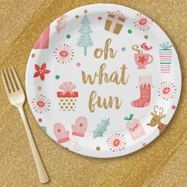 Assiettes En Carton Jolie Oh Quelle Fun Noël Fun (A fun and whimsical Christmas party paper plate with the words, Oh What Fun)