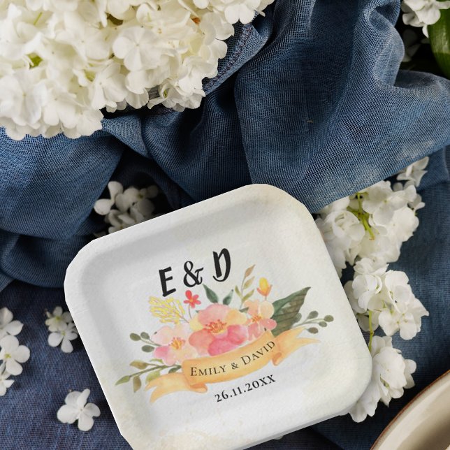 Assiettes En Carton Jolie Pêcher Floral Élégant Monogramme Soirée de m (Pretty Peach Floral Elegant Monogram Wedding Party Paper Plates
)