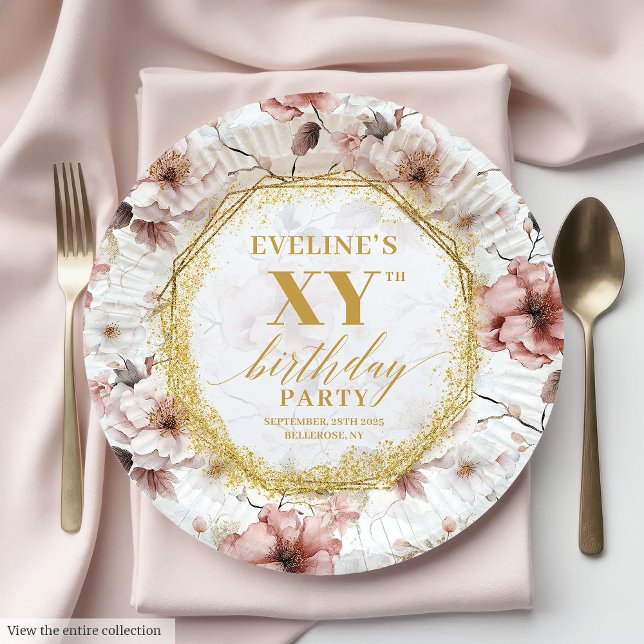 Assiettes En Carton Jolie plaque de papier d'anniversaire rose et pous (Lovely Dusty Pink Floral Birthday Paper Plates

)