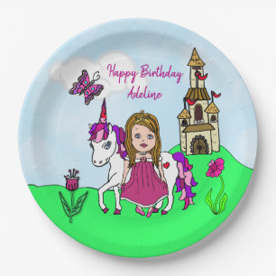 Assiettes En Carton Jolie Princesse et Licorne Fête d'Anniversaire