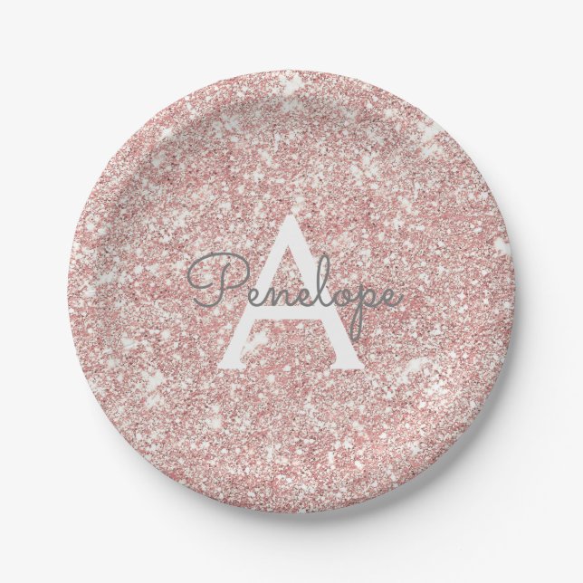 Assiettes En Carton Jolie Rose Gold  Pink Pailleté Paillettes Monogram (Devant)