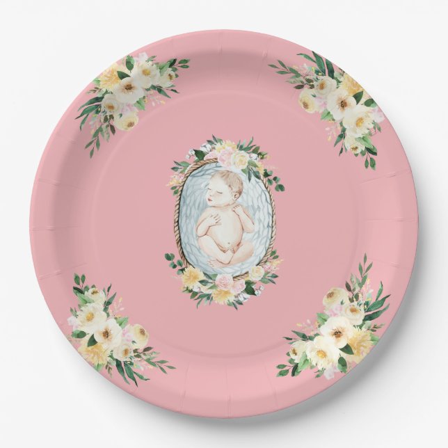 Assiettes En Carton Jolie rose Nouveau-né bébé fille Douche (Devant)