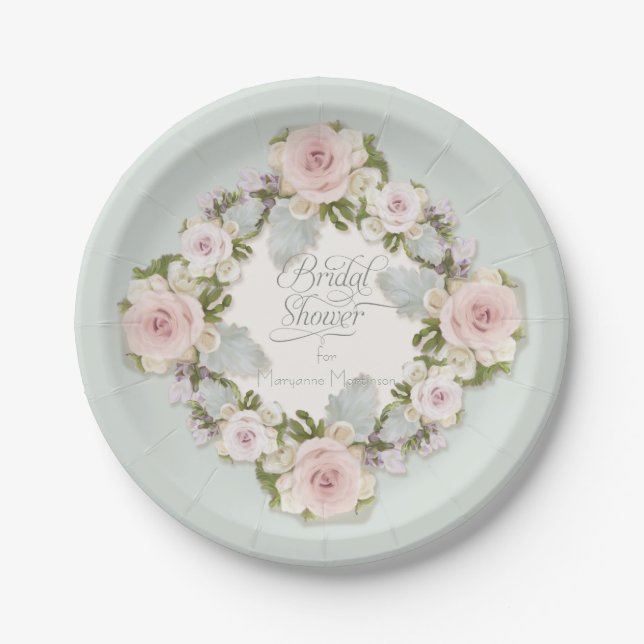 Assiettes En Carton Jolie rose pâle Roses avec Succulente Feuille nupt (Devant)