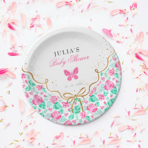 Assiettes En Carton Jolie rose rose florale ruban doré Baby shower