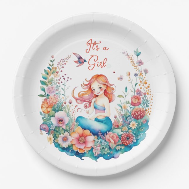 Assiettes En Carton Jolie sirène Baby shower de fille C'est une fille (Devant)