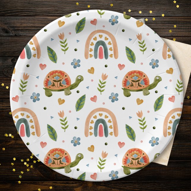 Assiettes En Carton Jolie tortue aquarelle et Motif arc-en-ciel (Créateur téléchargé)