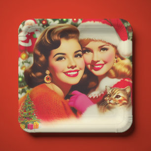Assiettes En Carton Jolies Filles de Noël Rétro