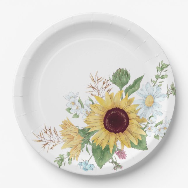 Assiettes En Carton Jolies Fleurs Sauvages avec Tournesol et Marguerit (Devant)