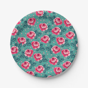 Assiettes En Carton Jolies roses roses et motif à pois sur sarcelle
