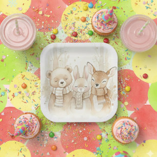Assiettes En Carton Jolis Animaux de la Forêt d'Hiver Papier Amusant d