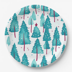 Assiettes En Carton Jolis arbres de Noël d'hiver Forêt enneigée Aquare