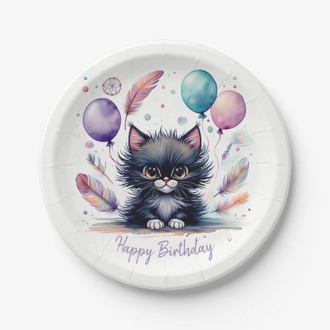 Assiettes En Carton Jolis Ballons Chatons Noir Aquarelle Anniversaire (Devant)