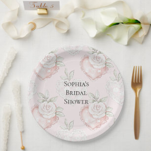 Assiettes En Carton Jolis cœurs en dentelle de roses blanches Fête de
