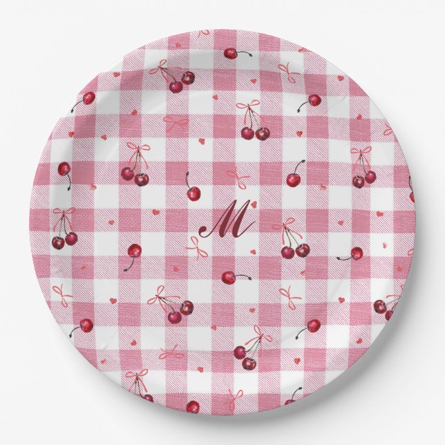 Assiettes En Carton Jolis Nœuds Filles Cerises Rose Gingham Carreaux N (Devant)