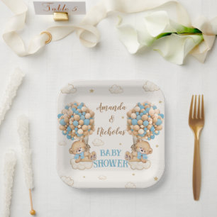 Assiettes En Carton Jolis ours en bleu et beige pour la douche de jume