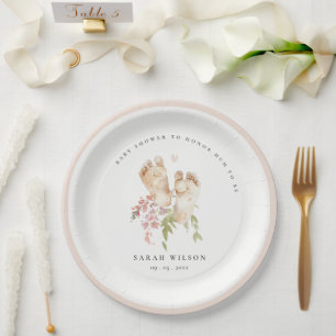 Assiettes En Carton Jolis Pieds de Bébé Rose Pâle Floral Fille Baby Sh
